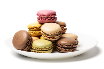Small tasty sweet original classic macaroons cakes on plate isolated on white studio background