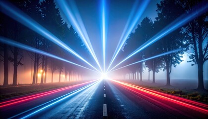 Colorful Illuminated Road At Night With Light Beams And Fog