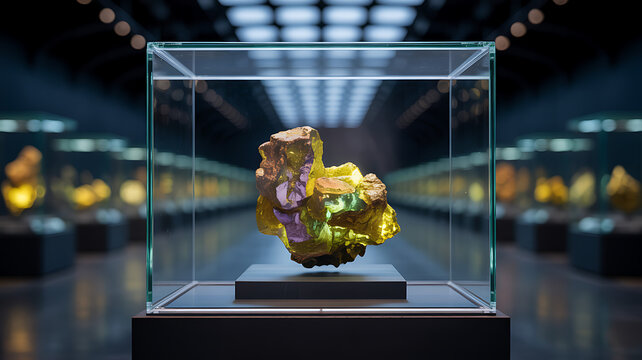 Uranium &ndash; Rocks and Minerals Colorful mineral specimen in museum display case