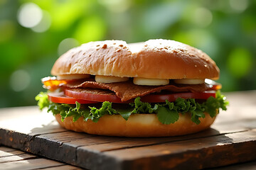 fresh sandwich placed on a rustic wooden table with natural morning light and green leaves in the background