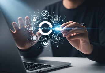 Person interacting with digital agile methodology flowchart on laptop screen hand technology