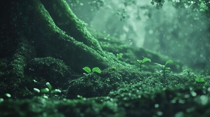 Fototapeta premium Lush Green Forest Floor with Bright Green Plants and Soft Light