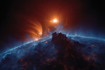 Fototapeta premium A stunning solar prominence displays fiery orange and blue tones as it erupts from the sun's surface, showcasing celestial activity