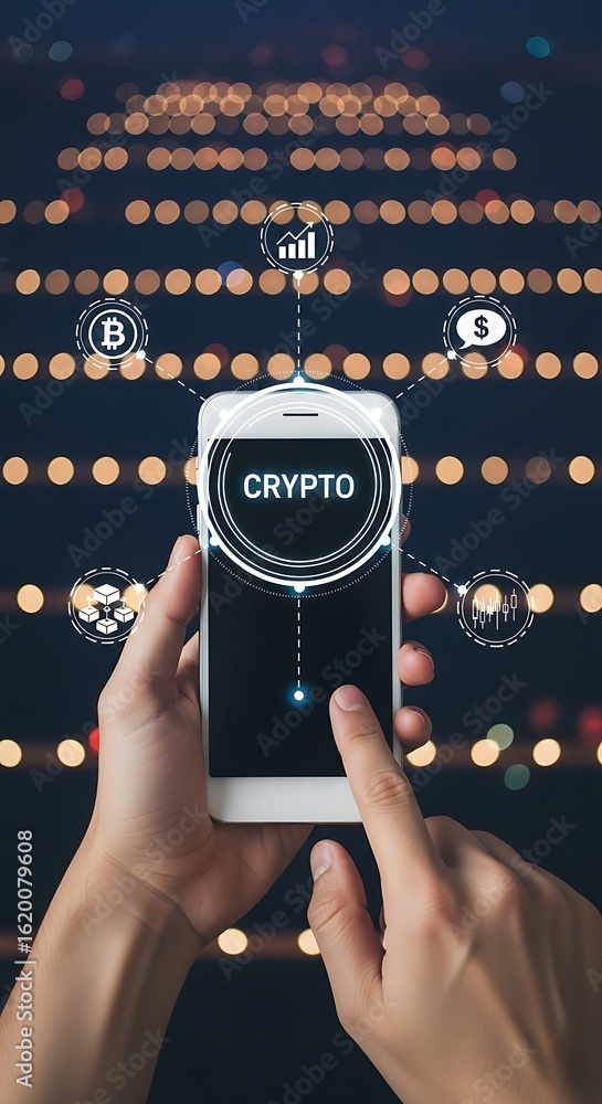 Aufkleber crypto trading on smartphone with digital currency icons and bokeh background