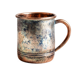 Antique hammered copper mug with a rustic patina and a curved handle isolated on transparent background