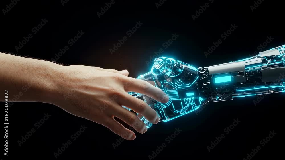 Poster man and robot hand shaking with glowing circuits. artificial intelligence interaction, futuristic te