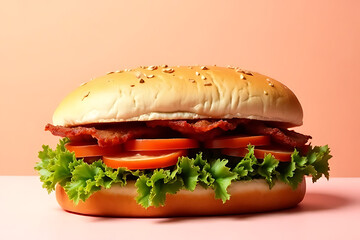 close-up of a fresh sandwich with vibrant layers of vegetables and meat, isolated on a clean pastel background with wide margins 