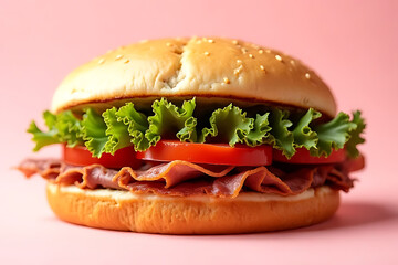 close-up of a fresh sandwich with vibrant layers of vegetables and meat, isolated on a clean pastel background with wide margins 