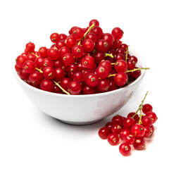 Organic ripe tasty organic berries red currant in ceramic bowl isolated on white studio background