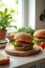 sandwich in preparation on a kitchen counter with ingredients laid around, natural lighting from the window, background softly faded to white 