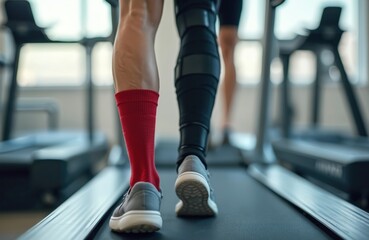 Fototapeta premium Patient recovers mobility using leg brace on treadmill in modern gym. Focus on physical therapy, exercise for injury treatment. Determined individual strengthens leg muscles, progresses towards