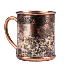 Antique ornate copper mug with intricate embossed patterns and a sturdy handle isolated on transparent background