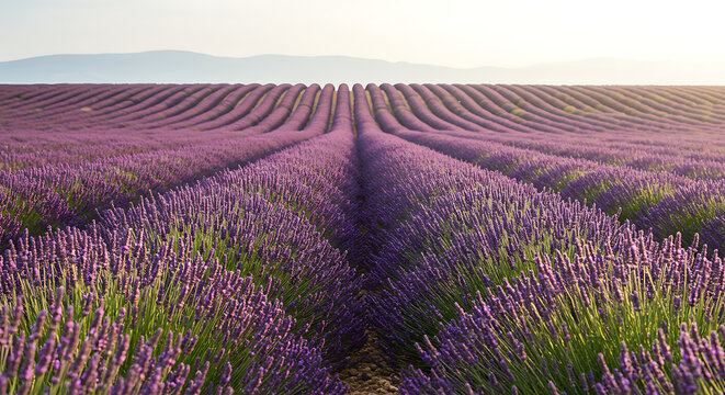 Endless Rows of Blooming Lavender in a Field at Sunset.