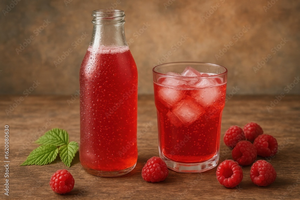 Poster refreshing raspberry drink with ice.
