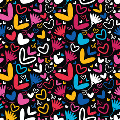 Naklejka premium Colorful seamless Valentine's Day pattern with hearts and wings on black background. Hand-drawn, playful design ideal for festive decor, textiles, and gift wrap.