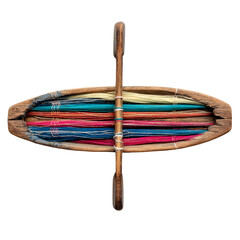 Top view of a rustic wooden canoe filled with colorful yarn and a single oar isolated on transparent background