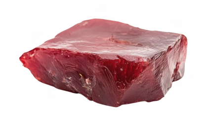 A smooth, shiny block of red gelatin is presented, showcasing its vibrant color and firm texture ideal for desserts