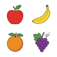 Cartoon Fruits Illustration Featuring Apple Banana Orange and Grapes on White Background
