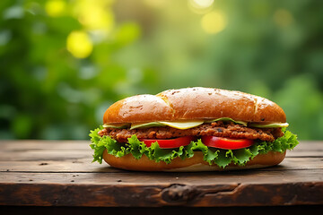 fresh sandwich placed on a rustic wooden table with natural morning light and green leaves in the background