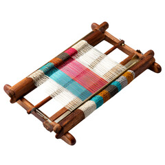Handcrafted wooden loom with colorful threads and woven fabric in progress isolated on transparent background