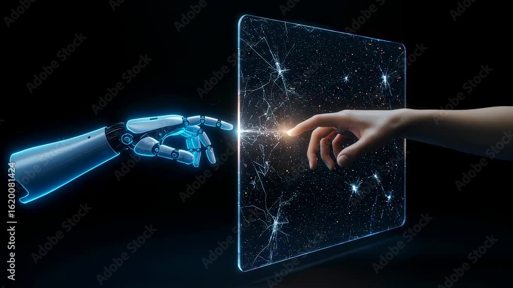 Poster robot hand and unrecognizable man hand touching glowing virtual screen. artificial intelligence meet