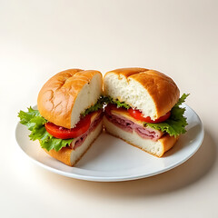 gourmet sandwich cut in half revealing fresh ingredients like lettuce, tomato, and ham, arranged on a white plate with soft neutral background 