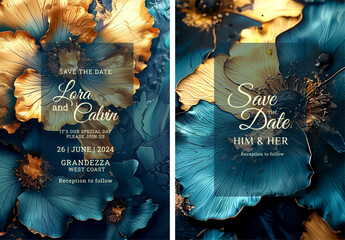 Blue and gold artistic wedding invitation template design, Luxury greeting design, save the date design, colorful texture, Hand drawn texture design for invitation