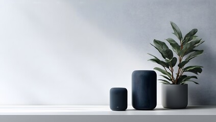 Two sleek black smart speakers positioned side-by-side on a smooth gray surface, set against a blurred background with a potted plant on the left