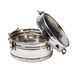 Elegant polished silver metal round storage container with hinged lid open showing interior isolated on transparent background