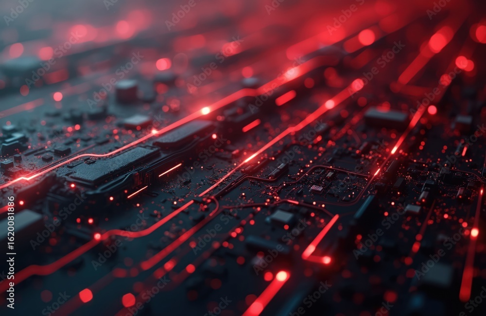 Poster abstract background with sharp red, black, and silver lines on a circuit board. futuristic digital d