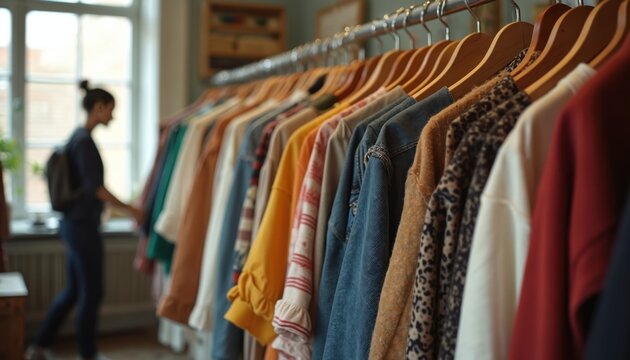 Woman shops for sustainable apparel at clothing swap event. Variety of secondhand garments hang on racks, promoting ethical fashion, eco-friendly shopping habits. Focus on community engagement,