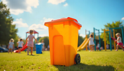 Colorful plastic garbage bin near playground in the park