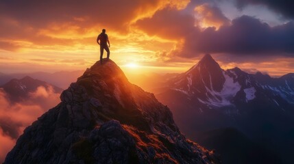 Adventurer Silhouette on Mountain Peak Against Sunset Sky