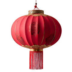 Traditional chinese red silk lantern with golden ornaments and white tassel hanging isolated on transparent background