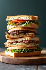 stack of assorted sandwiches with different bread types and fillings, placed on a minimal wooden board, background softly blurred for focus 