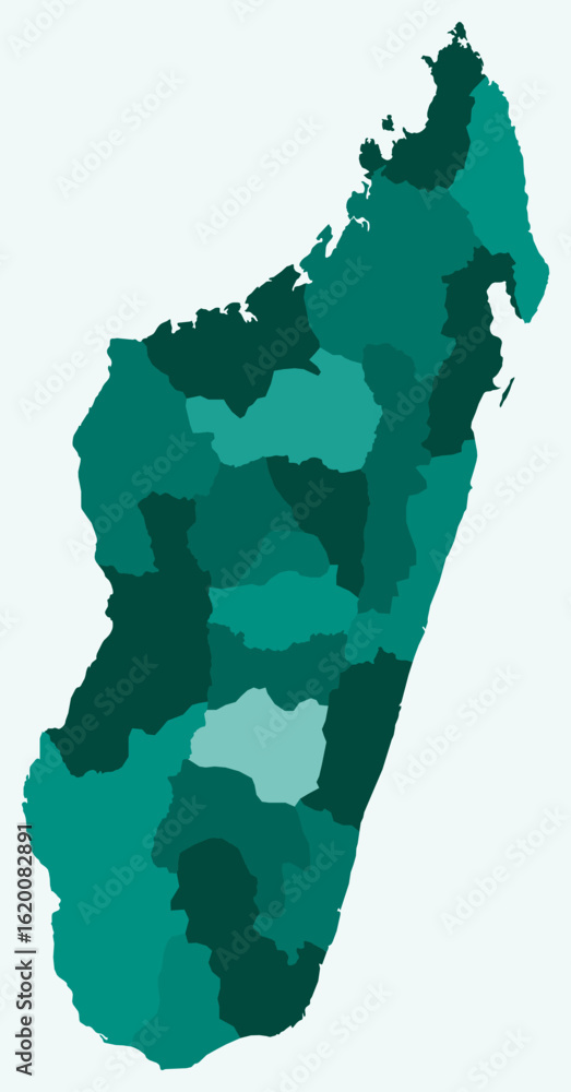 Poster map of madagascar with regions. just a simple country border map with region division. teal color pa