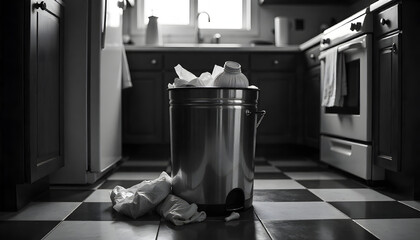 Black and white trash bins placed in a modern office setting