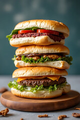 stack of assorted sandwiches with different bread types and fillings, placed on a minimal wooden board, background softly blurred for focus 
