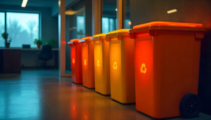 Colorful recycling bins with blue garbage and recycling containers outdoors
