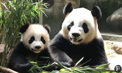 Obraz premium Giant panda and panda cub cuddling in the wild with bamboo, representing the beauty of wildlife and natural harmony, Generative AI