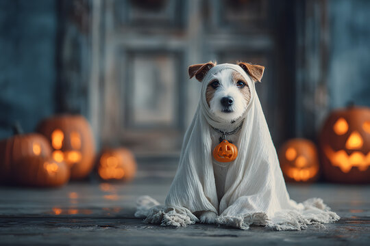 Adorable dog dressed as a ghost among jack-o'-lanterns on a halloween evening, copy space for text
