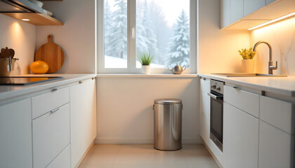 Modern kitchen interior with sleek design and clean wooden furniture in a contemporary home setting