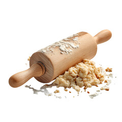 Wooden rolling pin resting on a pile of flour and dough ingredients isolated on transparent background