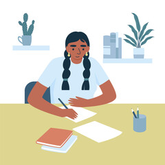 Schoolgirl doing homework. Book and sheets on the table. Concept of studying at home in isolation or doing homework. Flat vector illustration.
