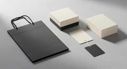 Black Shopping Bag with Packaging Boxes and Tags Mockup on Grey Background