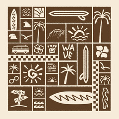 Tropical Beach Tile Illustration, Retro Surfing and Holiday Elements Grid. Surf and Palm Tree Vector Pattern
