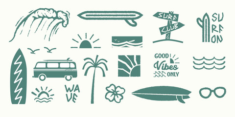 Tropical Vacation and Ocean Adventure Icons, Surfing and Summer Symbols Collection, Minimal Surf Style Vector Set