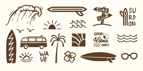 Hand Drawn Summer Beach Elements. Retro Summer Surf Icons, Minimal Surf Style Vector Set, Surfing and Summer Symbols Collection