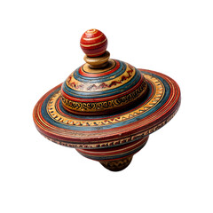 Vintage hand painted wooden spinning top toy with intricate colorful patterns isolated on transparent background