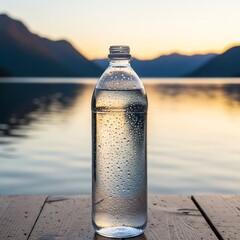 Transparent water bottle on a wooden table by a Scandinavian lake with mountains, golden hour light.